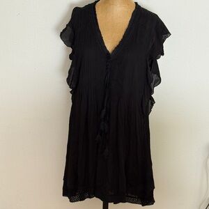 Poupette St Barts S Black V-Neck Ruffle Dress 33” length pleated fringe ruffled